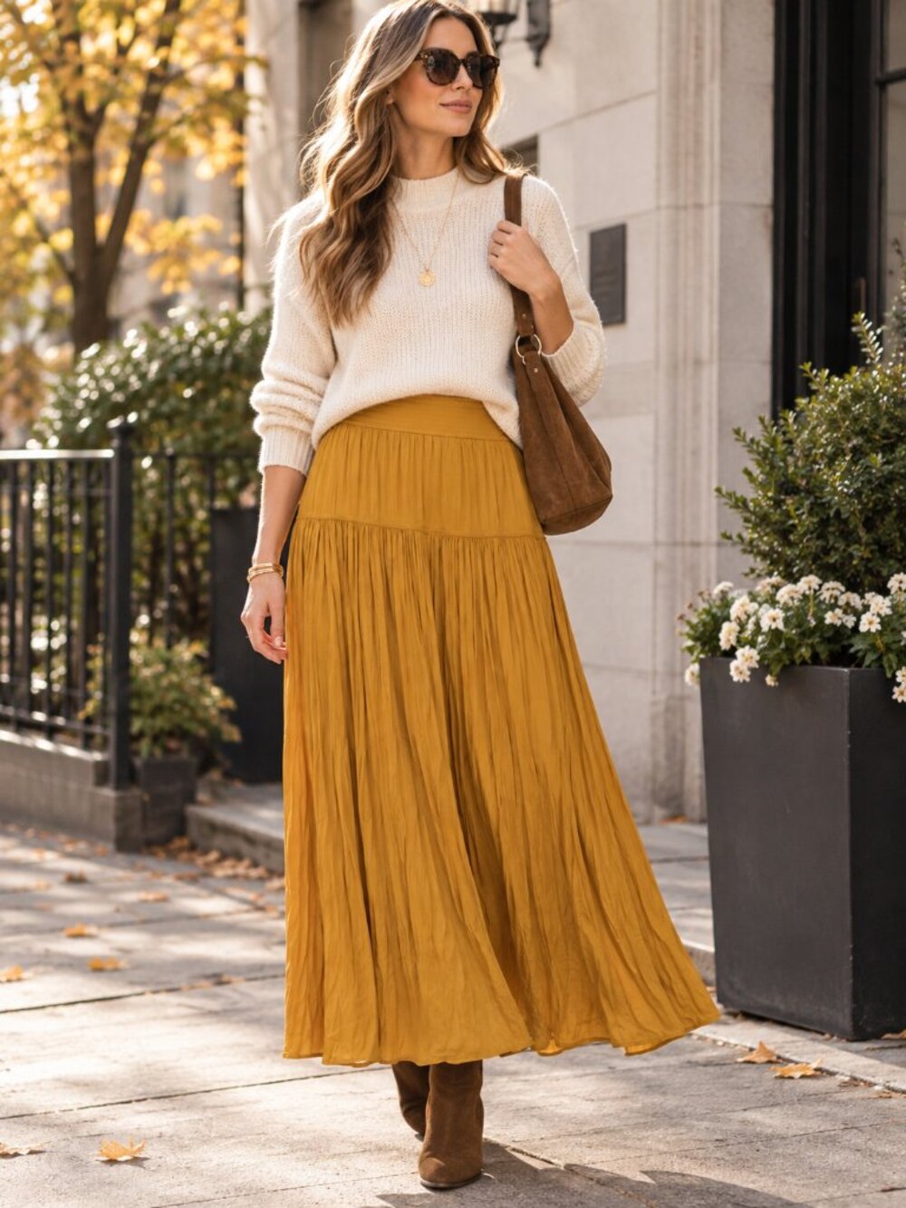Rachel Zoe Smocked Waist Tiered Honey Mustard Crinkle Maxi Skirt M